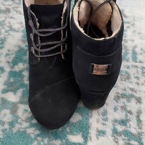 Black Suede Fleece Lined Toms Wedge Booties